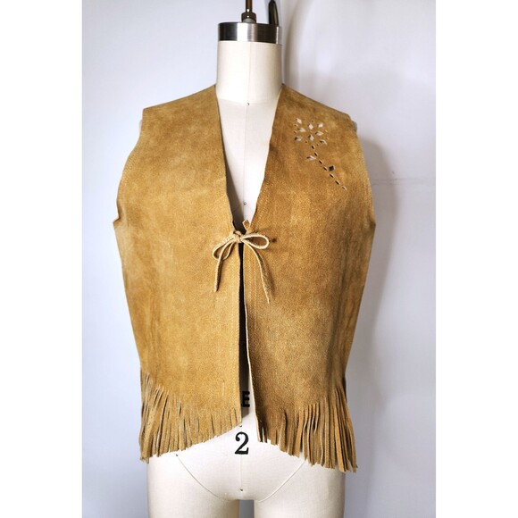 Leather FRINGES Perforates Floral Leather Vest Southwestern Western Unisex S M - Picture 6 of 10